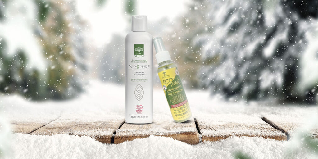 Shampooing Pur&Pure et chasse-moustiques ÉcoTrail de Laboratoires Druide certifiés Ecocert COSMOS dans un décor hivernal